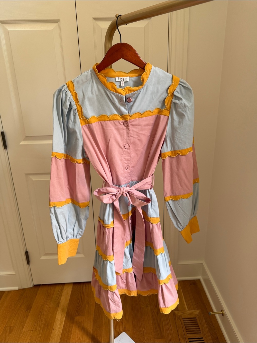 TCEC Pink and Light Blue Tiered Scallop-Trim Dress with Yellow Accents